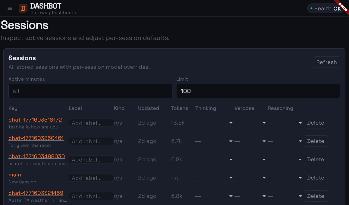 DashBot Session Management